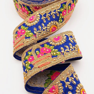 Royal Blue Art Silk Fabric Trim With Green, Orange, Pink And Gold Floral Embroidery